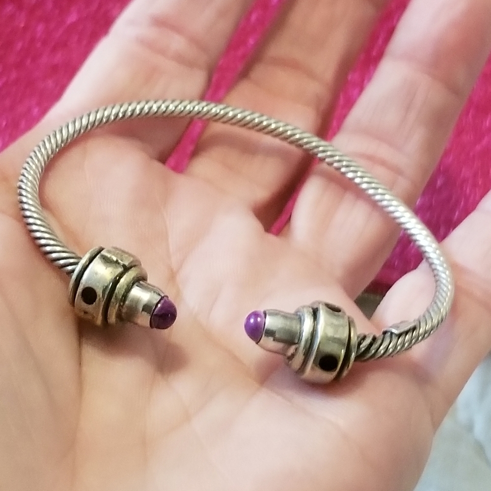 Beautiful Bali Design Sterling Silver Cable Bracelet with Purple Stone End Caps